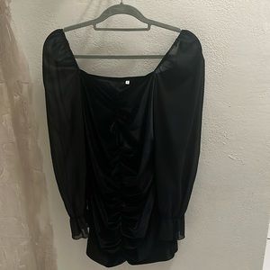 Square Neck Mesh panel Lantern Sleeve Mini Bodycon Dress